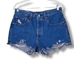 Levi's Premium Medium Wash Distressed Button Fly High Waist Denim Jean Shorts